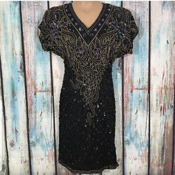 Dresses & Skirts - Vintage Laurence Kazar Black Gold Silk Dress